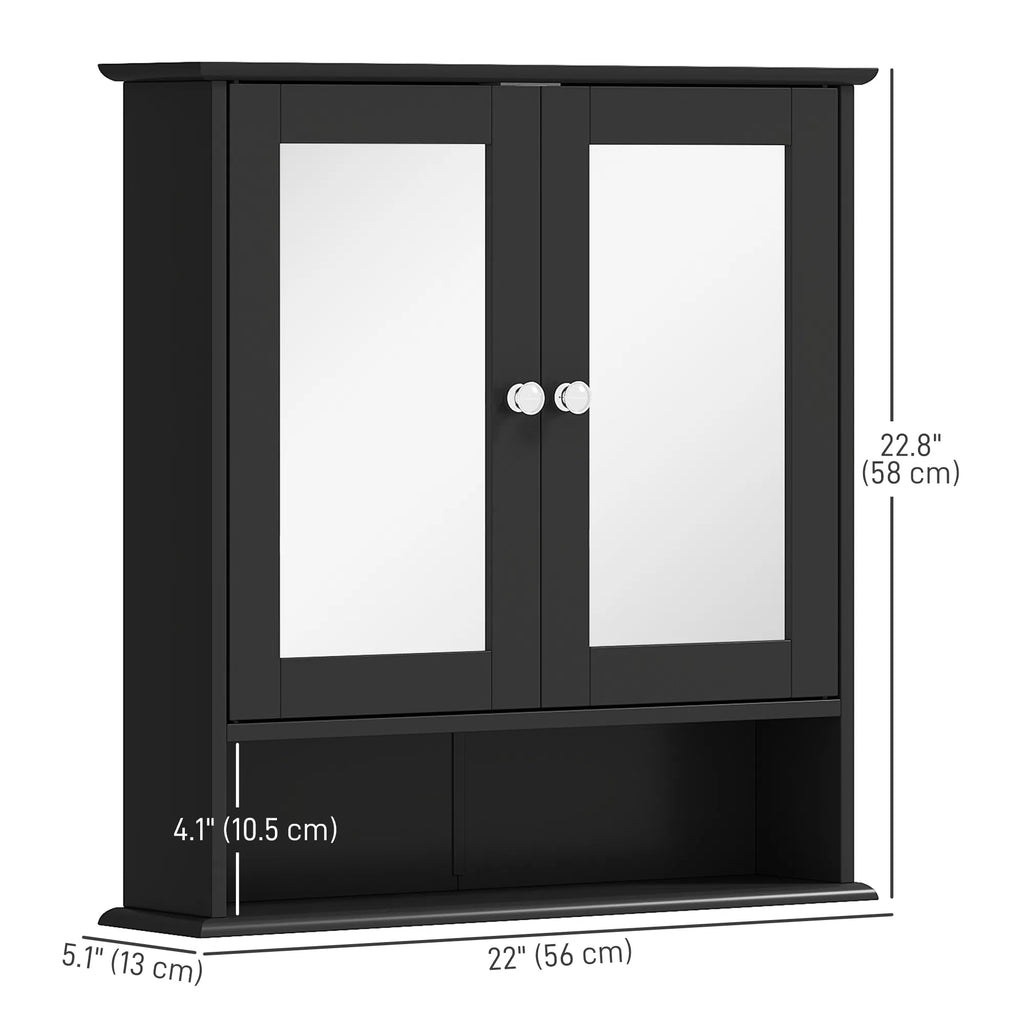 Black Bathroom Medicine Cabinet with Mirror Wall-Mounted Double-Door