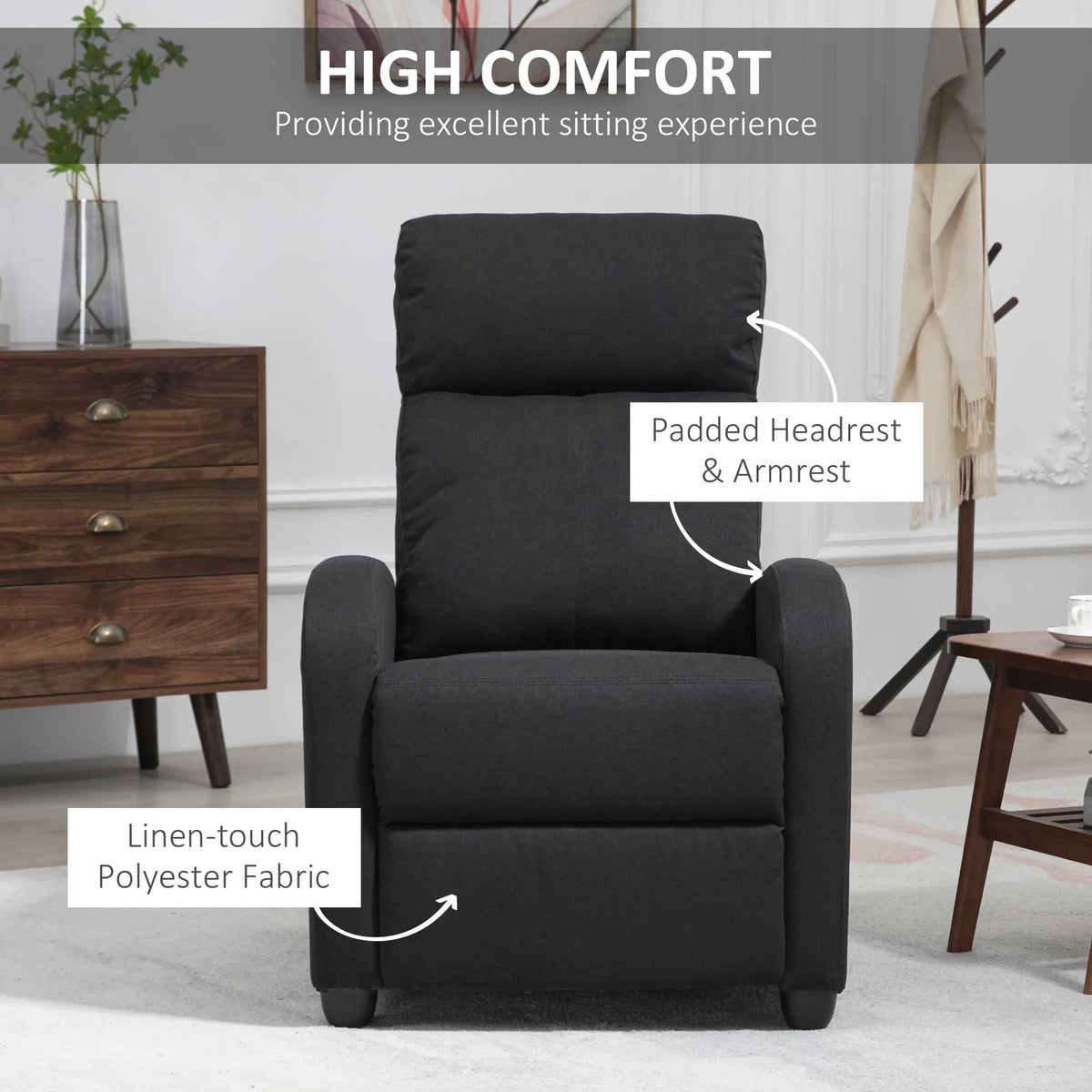 Black Fabric Recliner Chair Manual Home Theater Living Room
