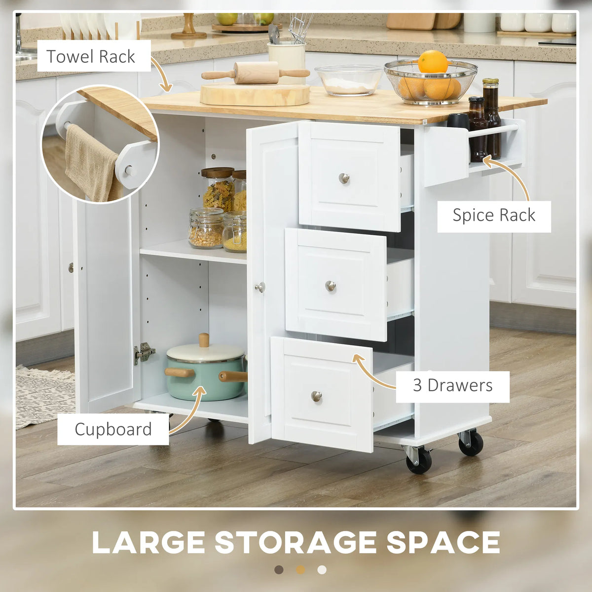 Rolling Kitchen Island Cart with Drop Leaf 3 Drawers Cabinet Spice and Towel Rack