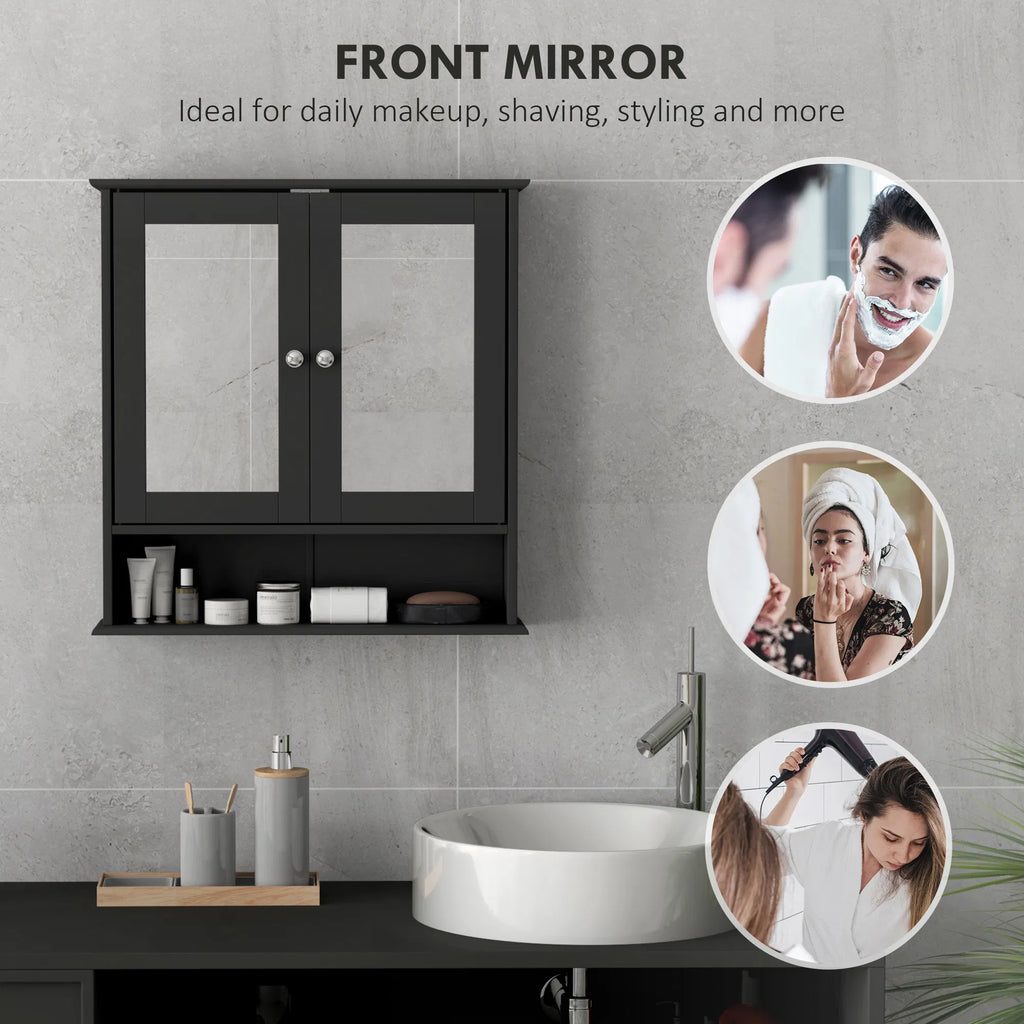 Black Bathroom Medicine Cabinet with Mirror Wall-Mounted Double-Door