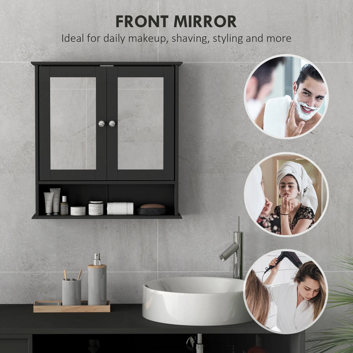 Black Bathroom Medicine Cabinet with Mirror Wall-Mounted Double-Door