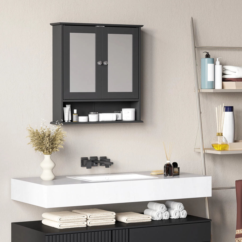 Black Bathroom Medicine Cabinet with Mirror Wall-Mounted Double-Door