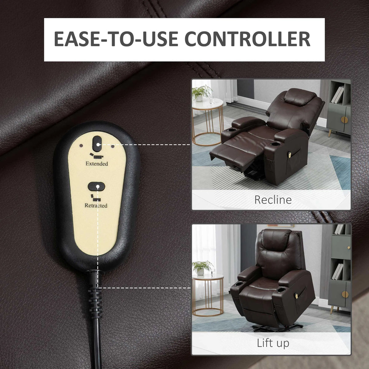 Brown Power Lift Recliner Chair – PU Leather Electric Lift Chair with Footrest, Remote & Cup Holders