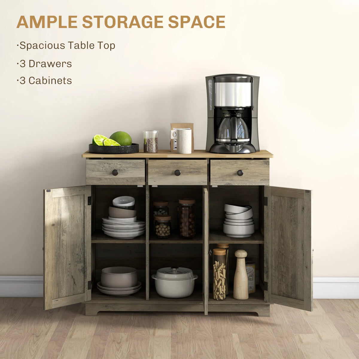 Modern Washed Grey Sideboard Buffet Cabinet Storage Drawers Adjustable Shelves