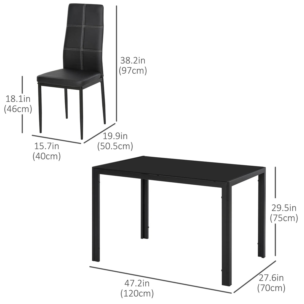 5-Piece Black Glass Dining Table Set Rectangular Kitchen Table with 4 Faux Leather Chairs