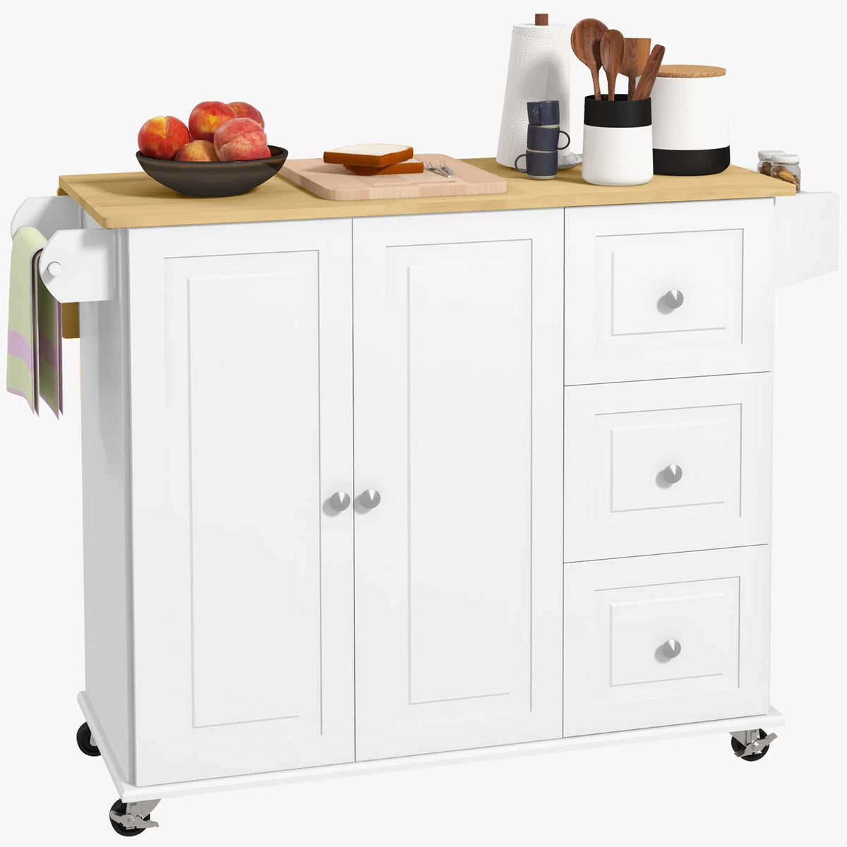 Rolling Kitchen Island Cart with Drop Leaf 3 Drawers Cabinet Spice and Towel Rack