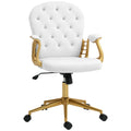 Cream White Velvet Office Chair Button-Tufted Swivel Vanity with Wheels and Tilt