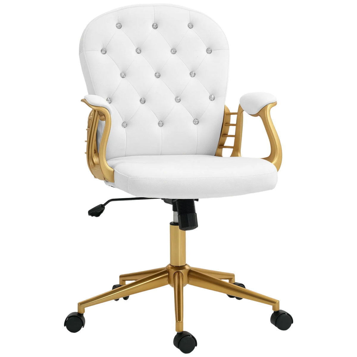 Cream White Velvet Office Chair Button-Tufted Swivel Vanity with Wheels and Tilt