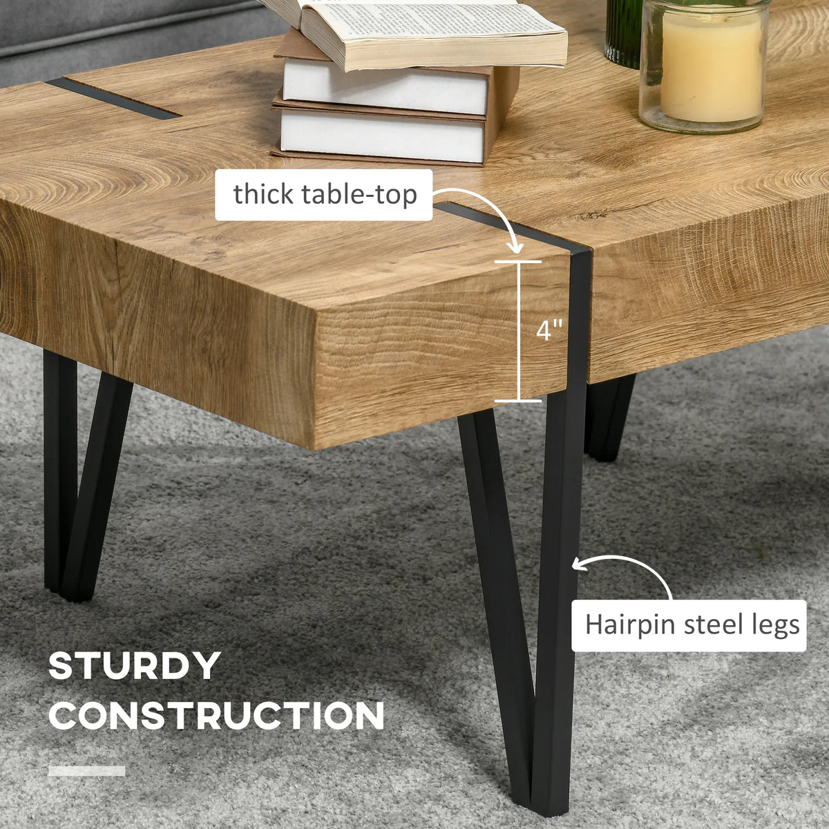 Rustic Rectangular Coffee Table Natural Wood Center Table with Steel Hairpin Legs