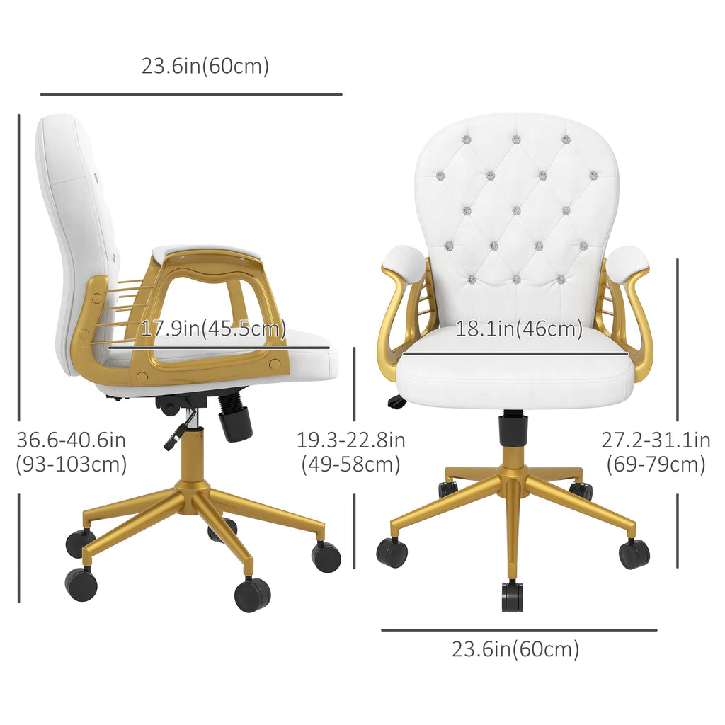 Cream White Velvet Office Chair Button-Tufted Swivel Vanity with Wheels and Tilt