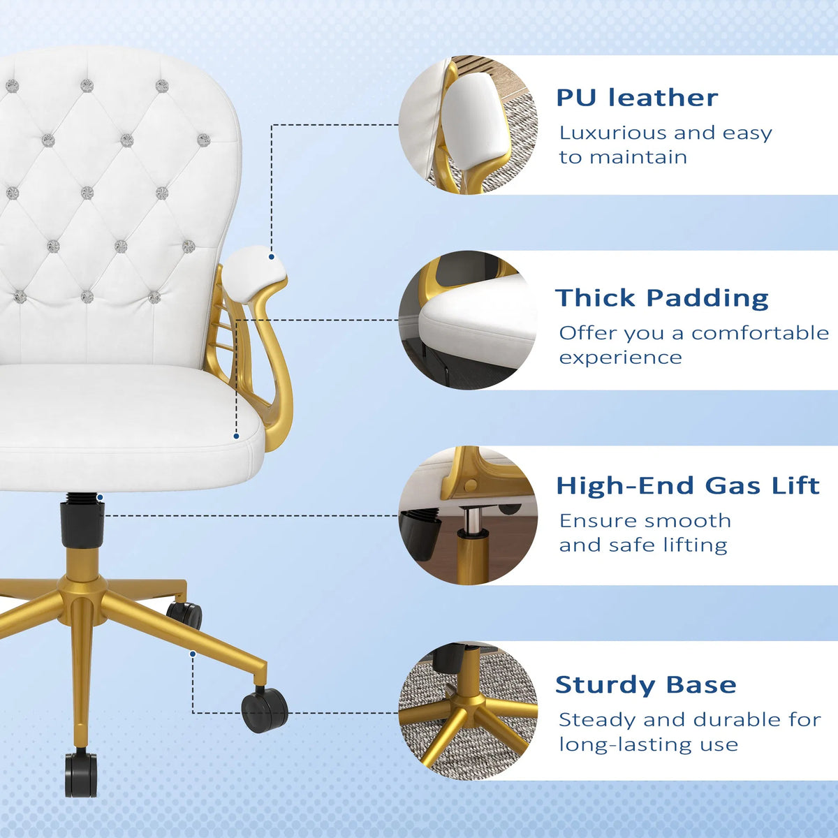 Cream White Velvet Office Chair Button-Tufted Swivel Vanity with Wheels and Tilt