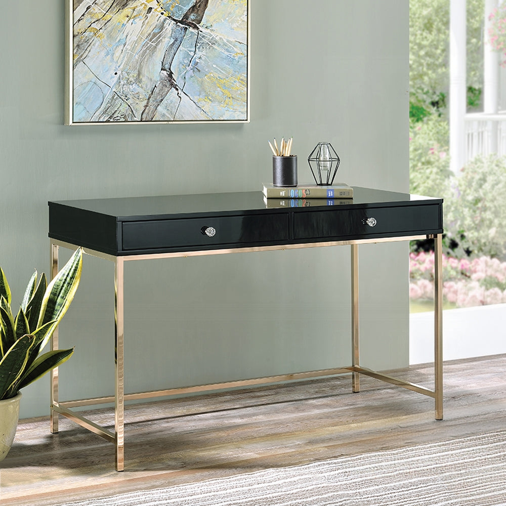 Modern High-Gloss Office Desk with Gold Base & 2 Drawers – Black & White