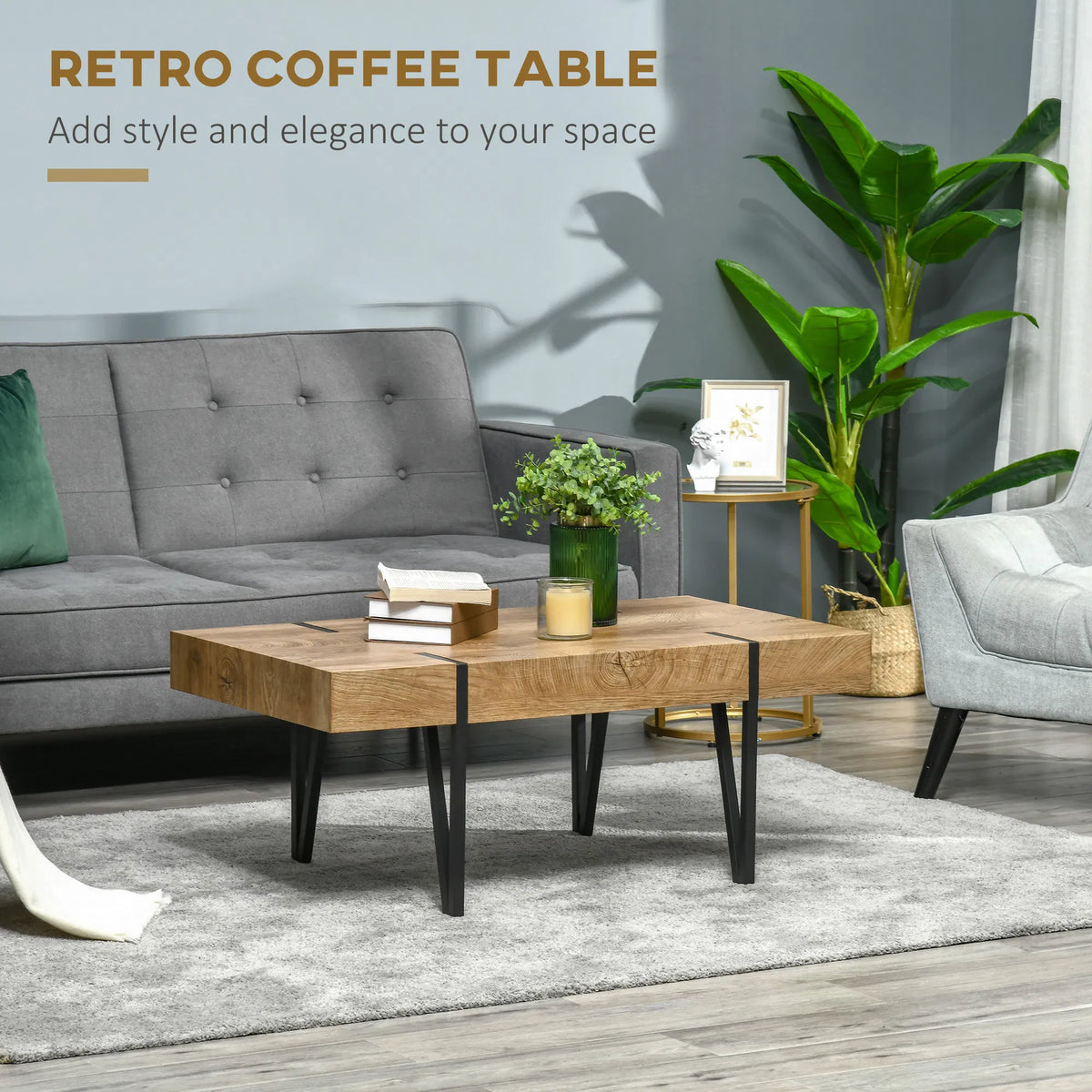 Rustic Rectangular Coffee Table Natural Wood Center Table with Steel Hairpin Legs