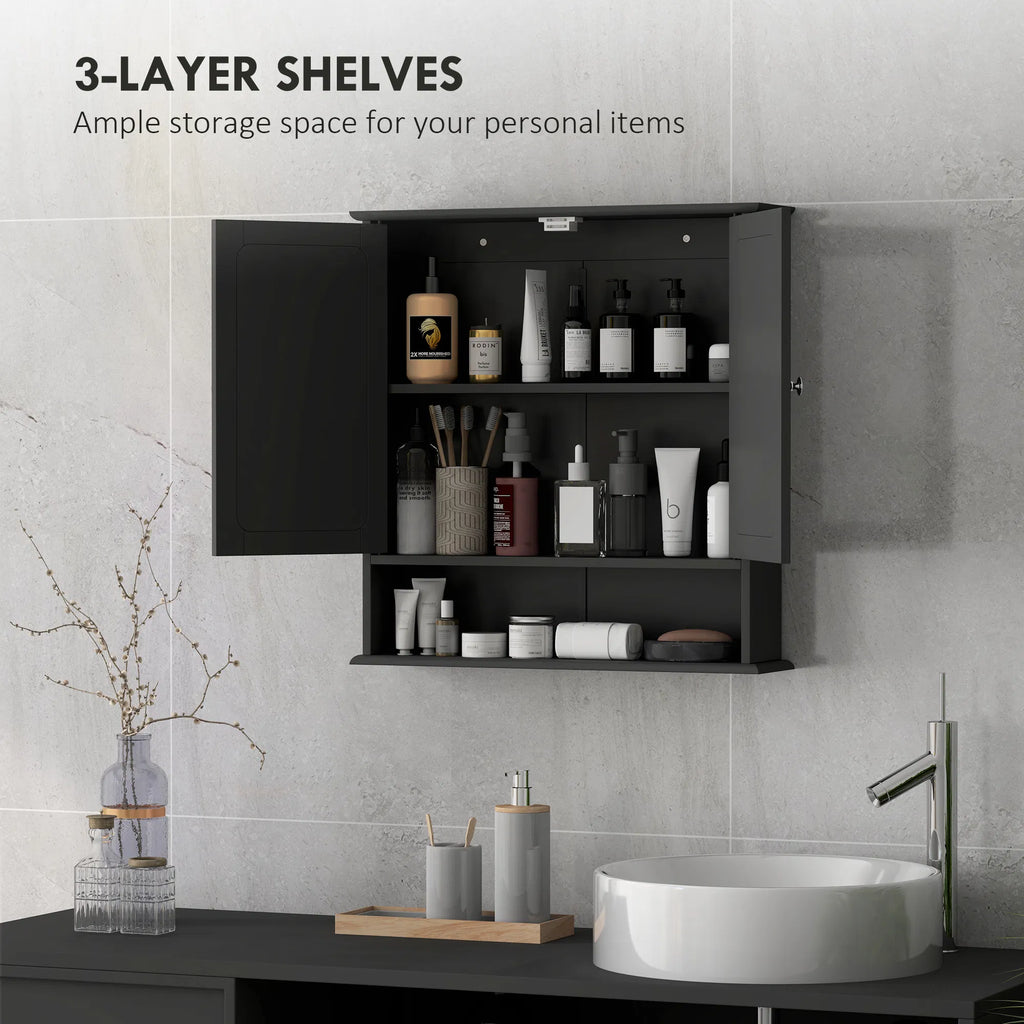 Black Bathroom Medicine Cabinet with Mirror Wall-Mounted Double-Door