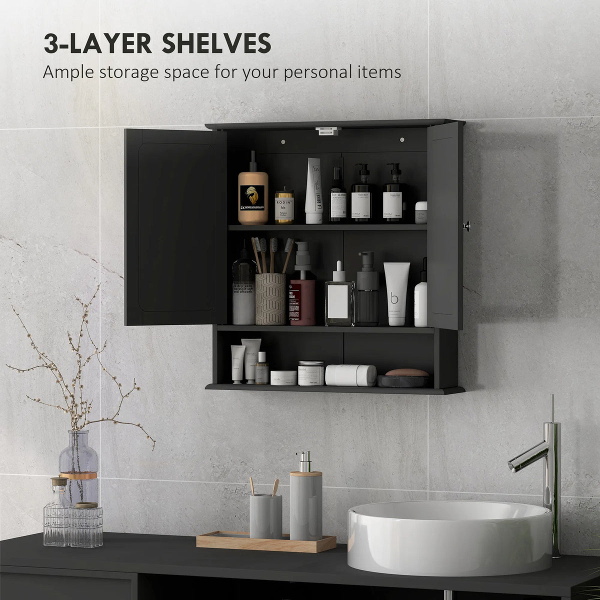 Black Bathroom Medicine Cabinet with Mirror Wall-Mounted Double-Door