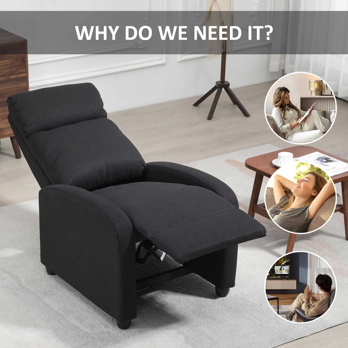 Black Fabric Recliner Chair Manual Home Theater Living Room