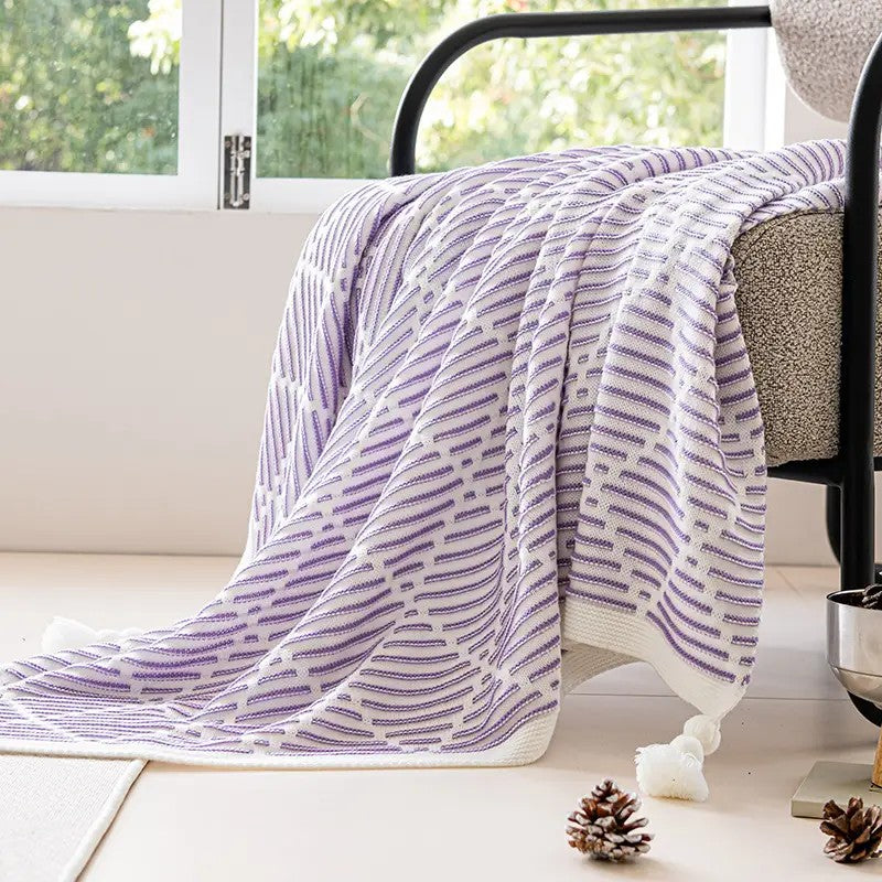 Meadow Cozy Pom Pom Blanket Throw Purple