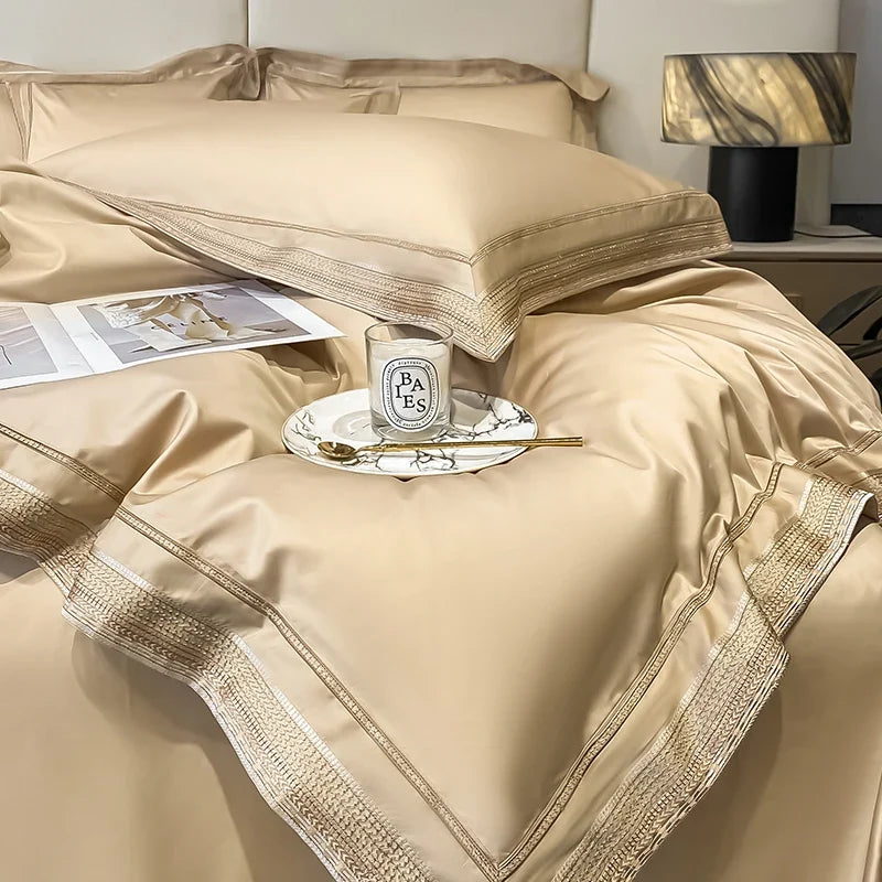 Gold Edging Embroidered 1000 TC Duvet Set Champaign Color
