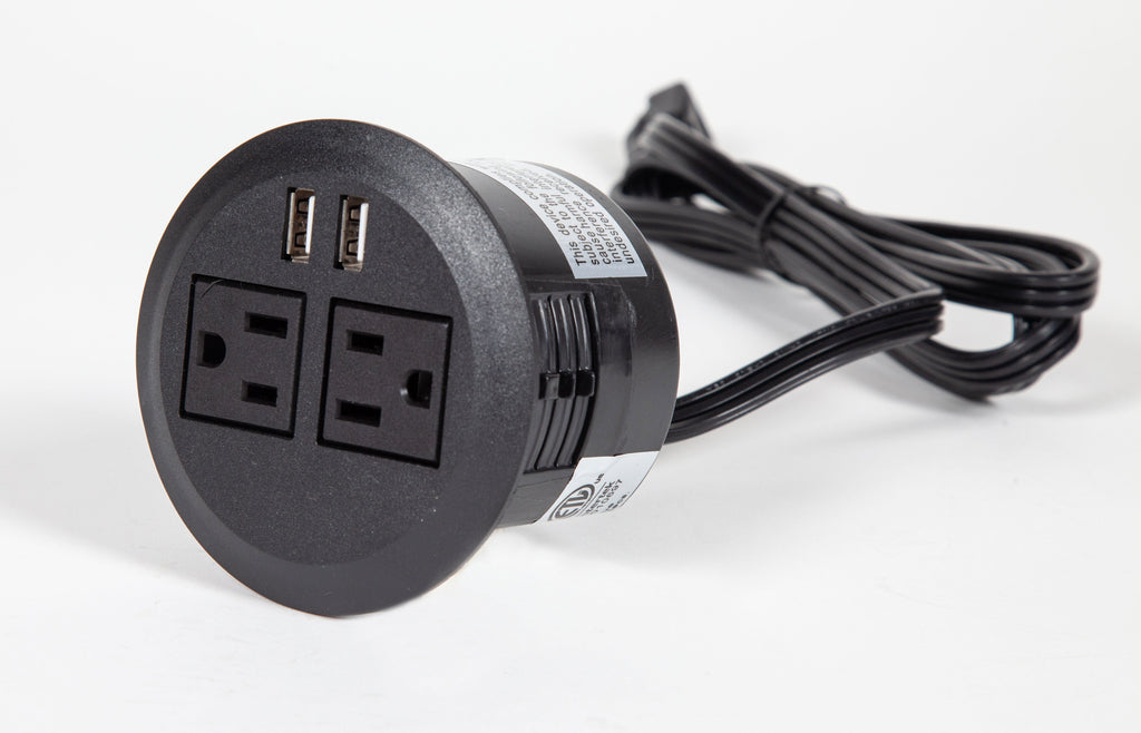 grommet power strip, black, extension cord, 2 A/C outlets, 2 USB ports, hides in desk, gavoa