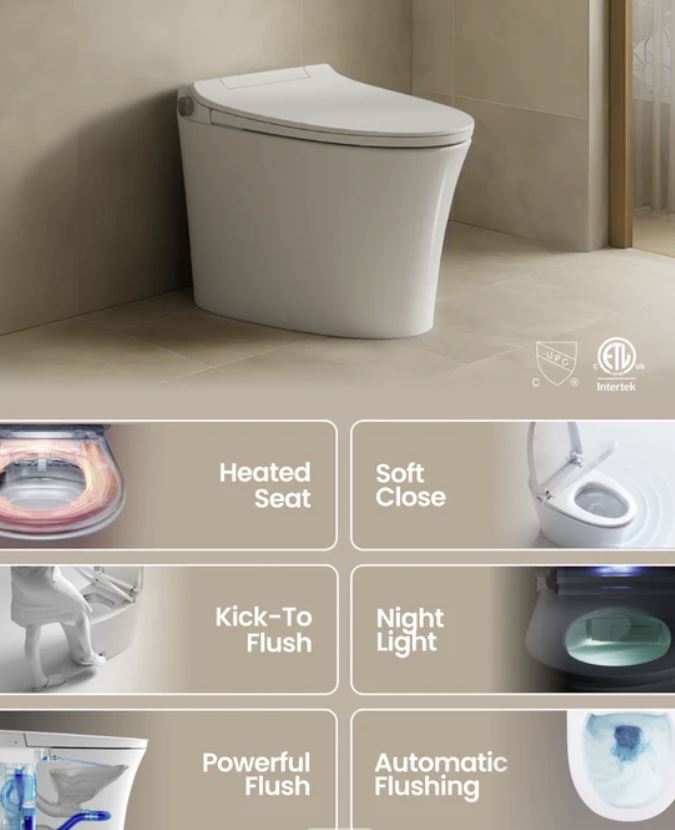 Toilettes intelligentes à chasse d'eau automatique NeoPure avec bouton Infinity, siège chauffant et capteur au pied, toilettes intelligentes modernes