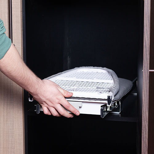 pull-out system, ironing board, sapce saver, closet organizer, compact, ball-bearing slides
