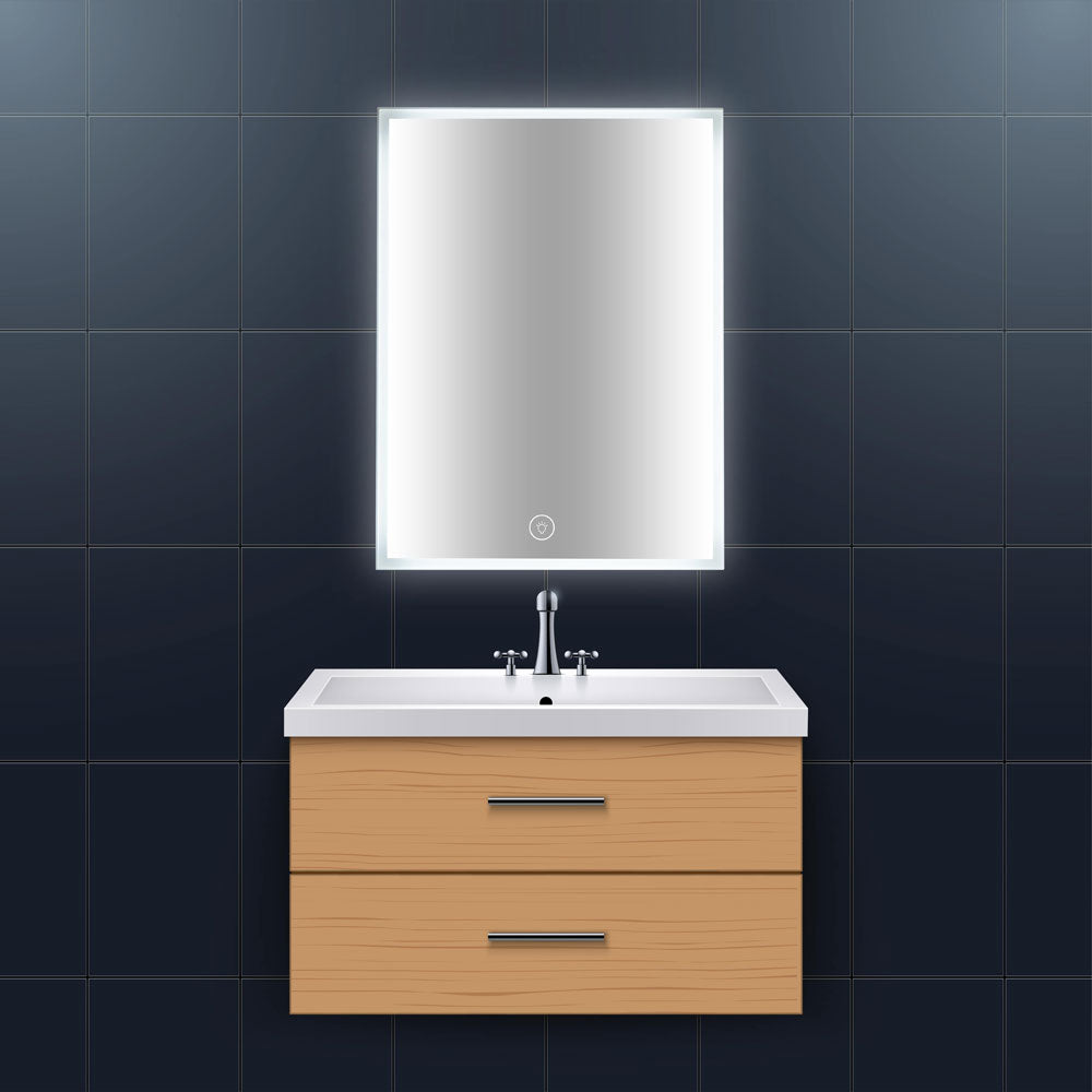 an led backlit rectangular mirror mounted vertically on the wall, has a touch sensor and is anti-fog