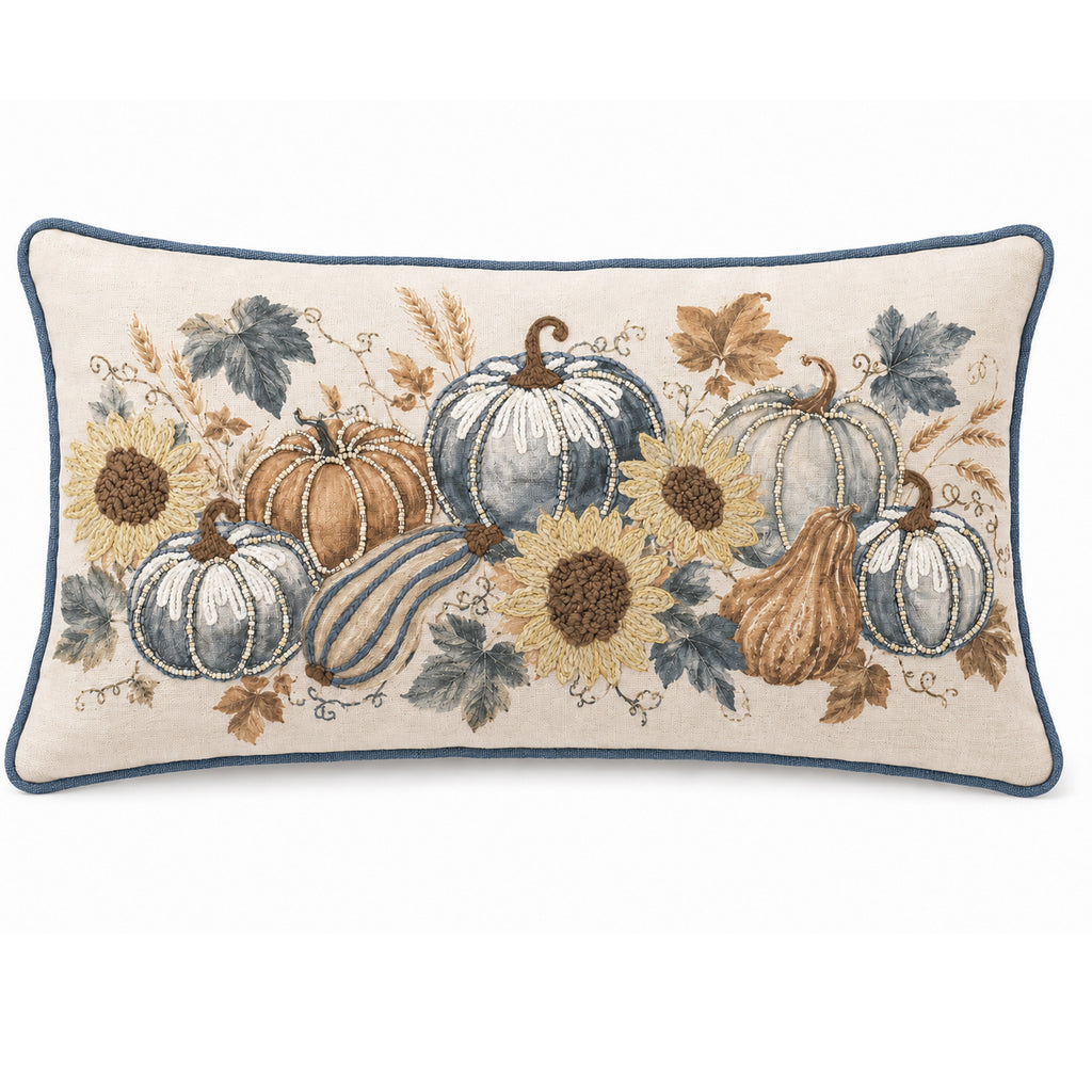 Premium 100% Cotton Sunflower Pumpkin Harvest Embroidered Lumbar Cushion Cover – 14" x 20"