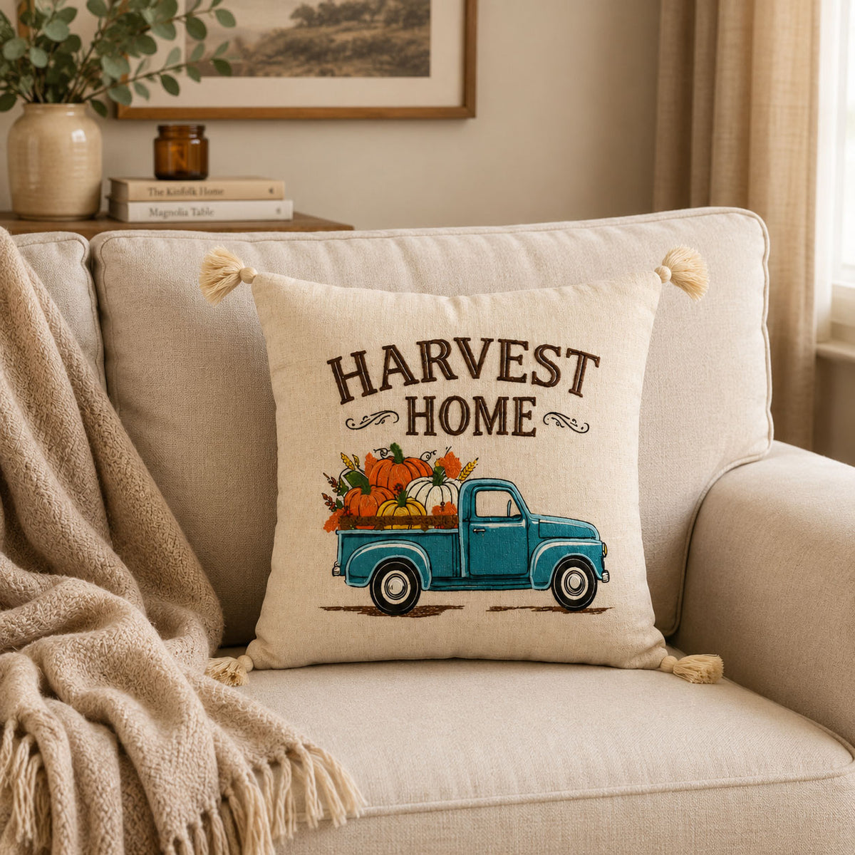 Harvest Home Vintage Pumpkin Truck Embroidered Decorative Cushion Cover 18" x 18" Rustic Fall Farmhouse Accent