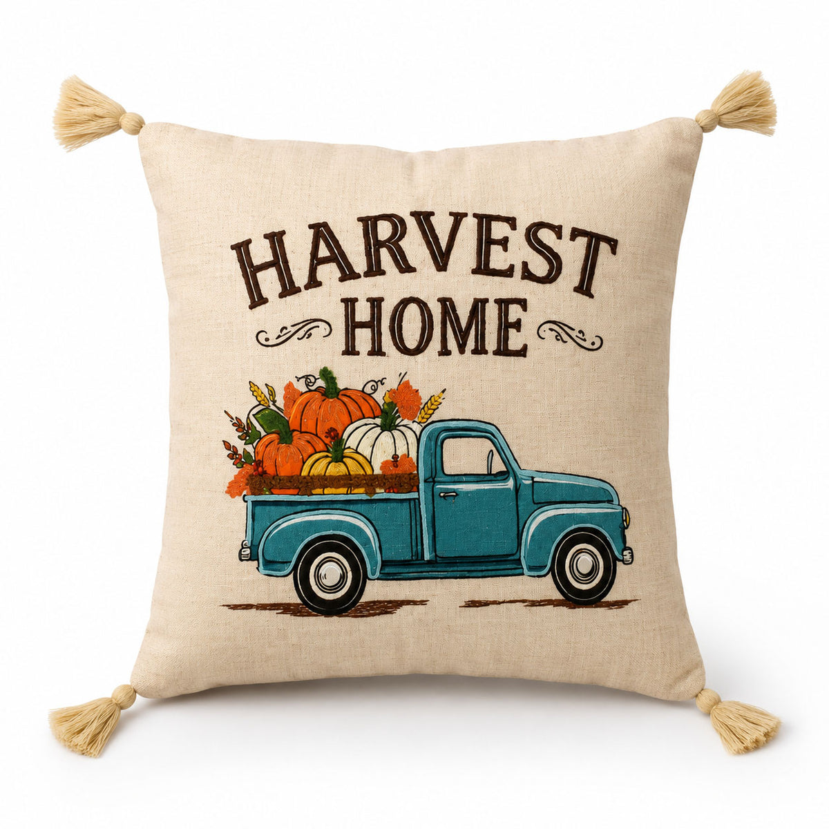 Harvest Home Vintage Pumpkin Truck Embroidered Decorative Cushion Cover 18" x 18" Rustic Fall Farmhouse Accent