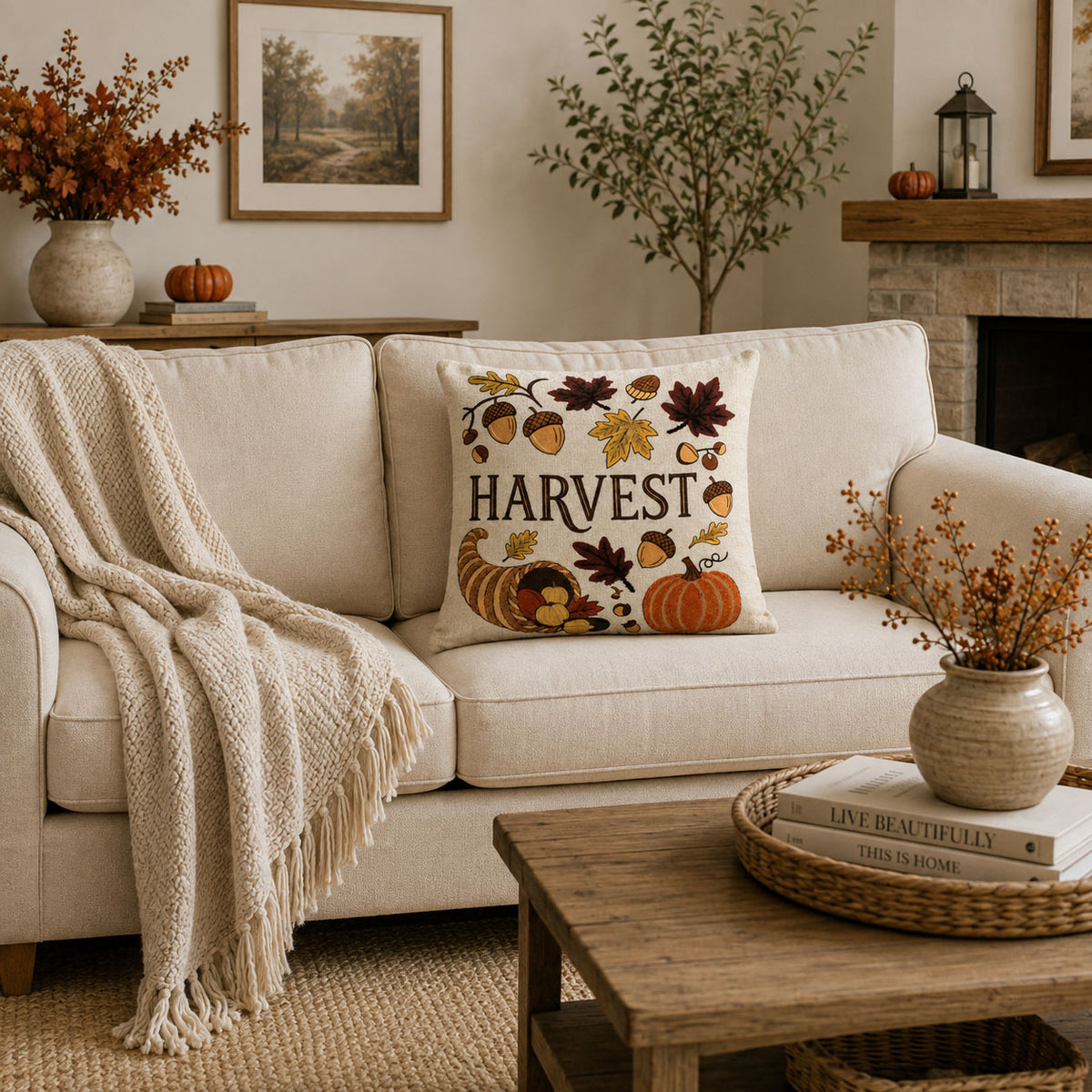 Autumn Bounty Harvest Printed Embroidered Decorative Pillow Cover 18" x 18" Fall Accent