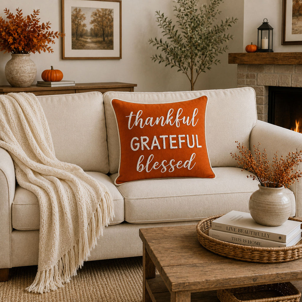 Grateful Glow Typography Embroidered Decorative Pillow Cover 18" x 18"