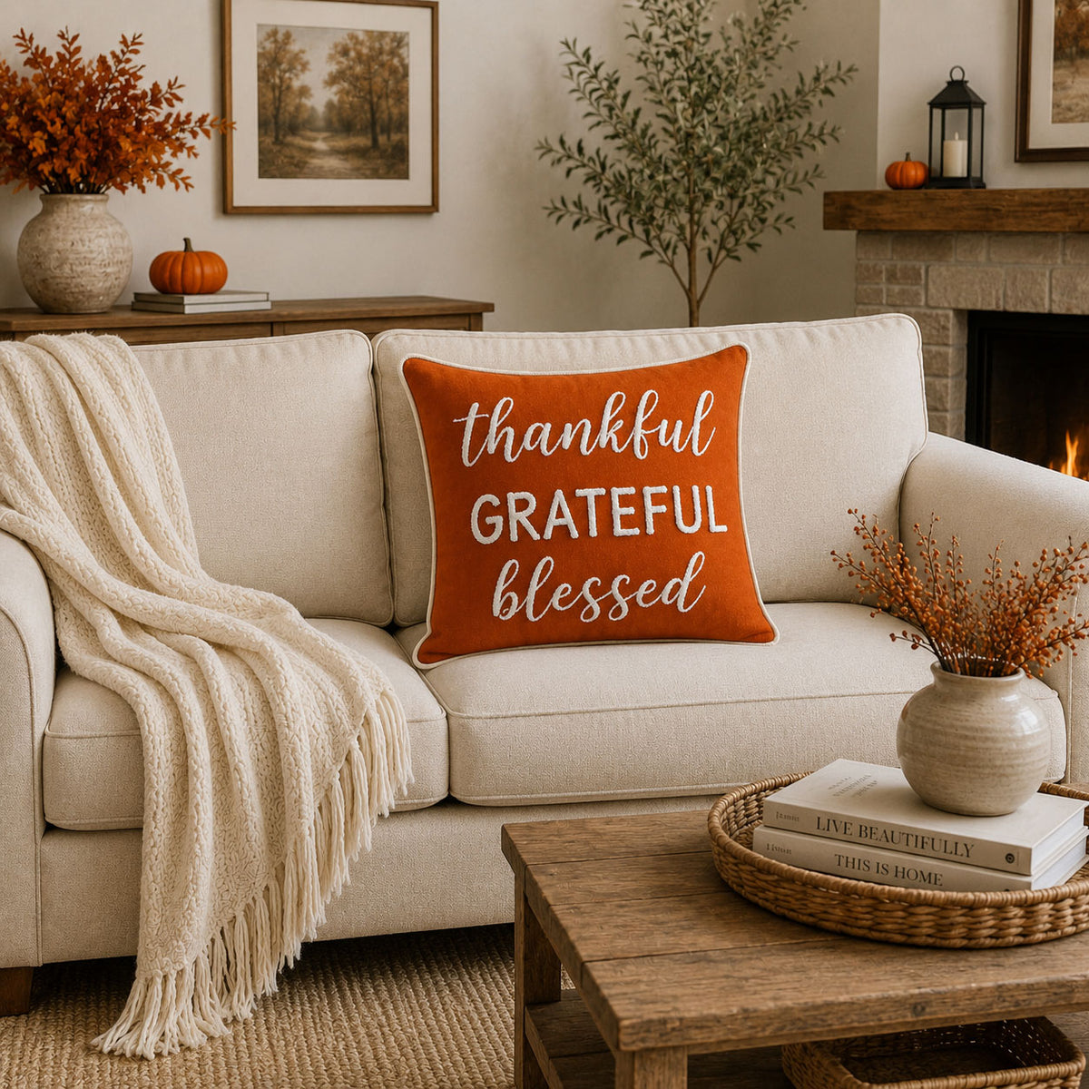 Grateful Glow Typography Embroidered Decorative Pillow Cover 18" x 18"