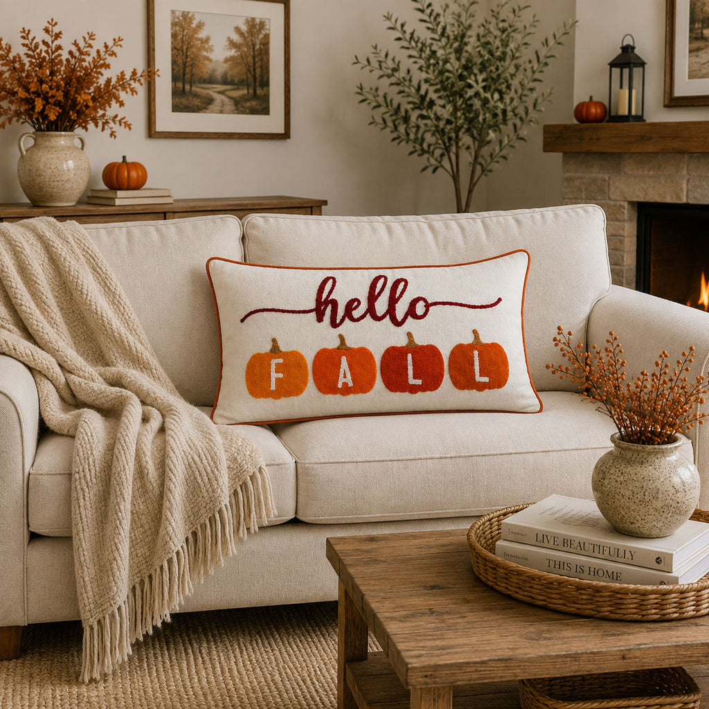 Hello Fall Pumpkin Garland Embroidered Lumbar Pillow Cover 14" x 20"