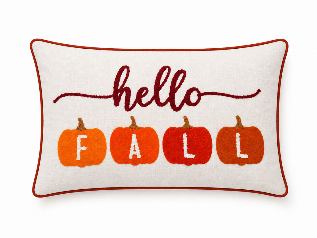 Hello Fall Pumpkin Garland Embroidered Lumbar Pillow Cover 14" x 20"