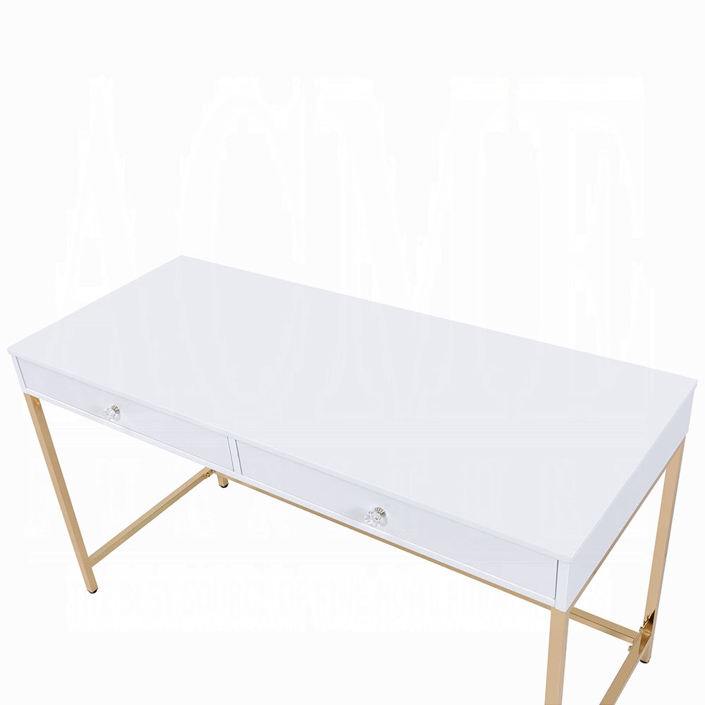 Modern High-Gloss Office Desk with Gold Base & 2 Drawers – Black & White