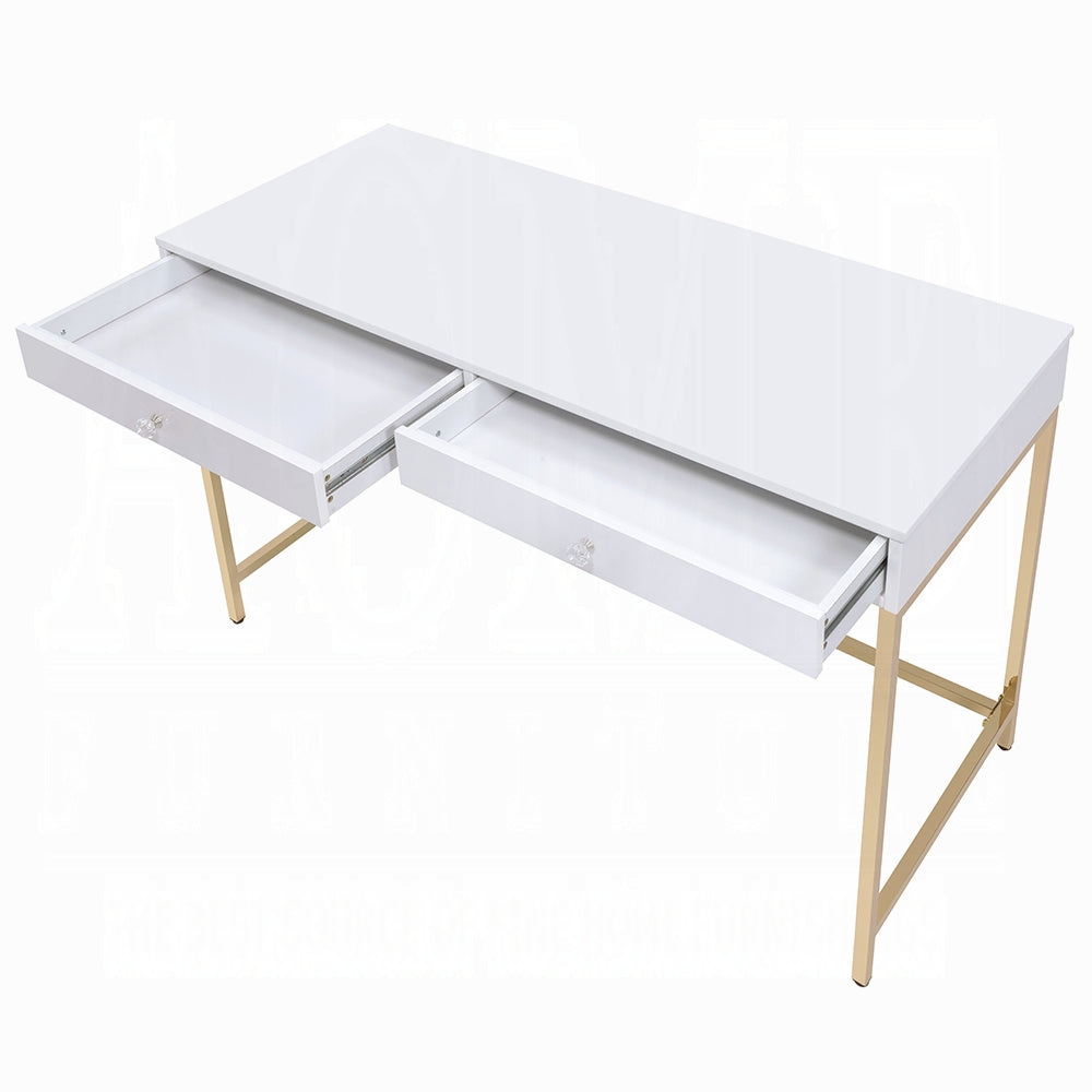 Modern High-Gloss Office Desk with Gold Base & 2 Drawers – Black & White