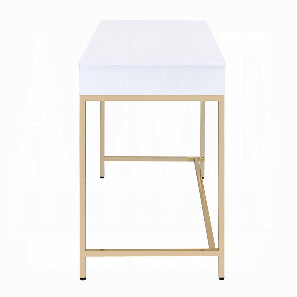 Modern High-Gloss Office Desk with Gold Base & 2 Drawers – Black & White