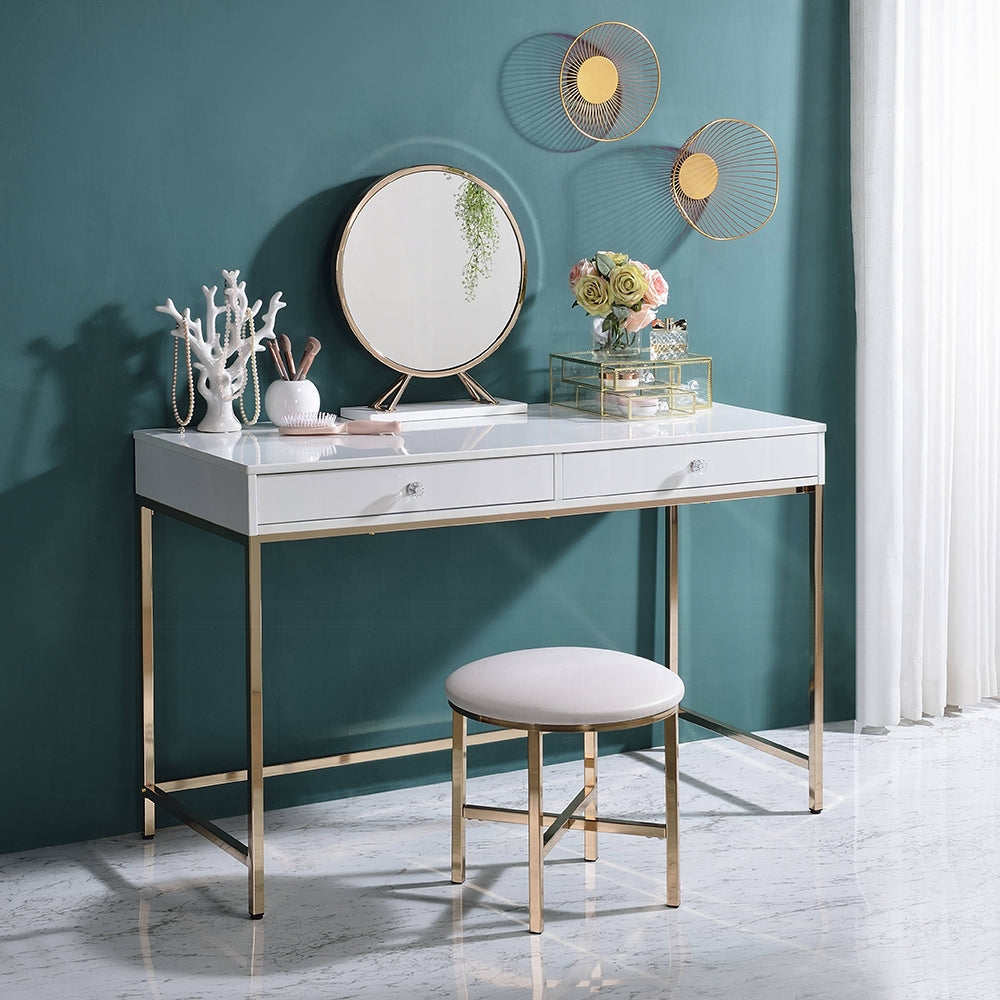 Modern High-Gloss Office Desk with Gold Base & 2 Drawers – Black & White