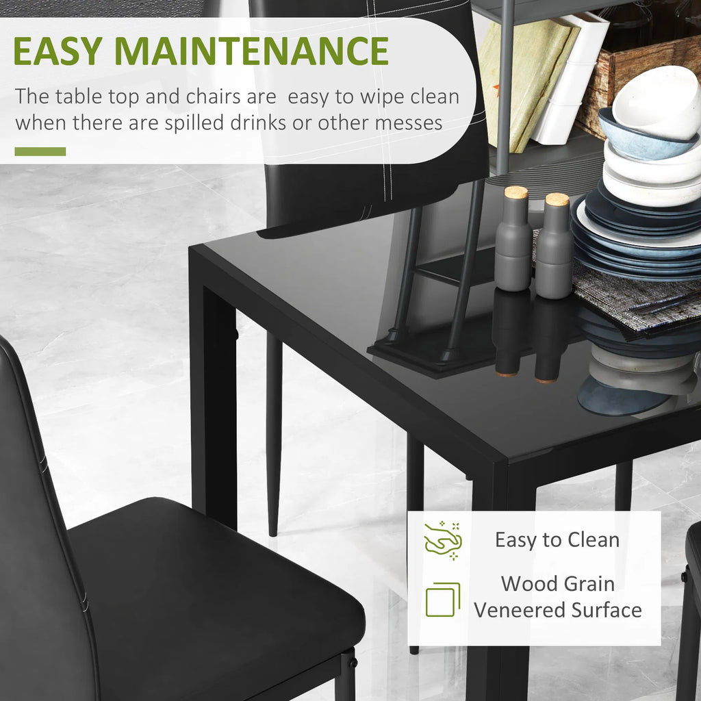 5-Piece Black Glass Dining Table Set Rectangular Kitchen Table with 4 Faux Leather Chairs