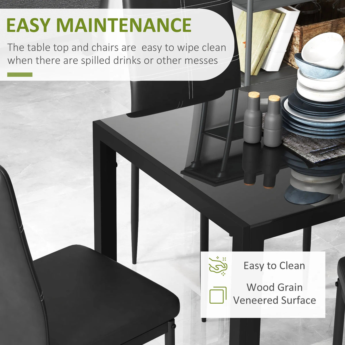 5-Piece Black Glass Dining Table Set Rectangular Kitchen Table with 4 Faux Leather Chairs