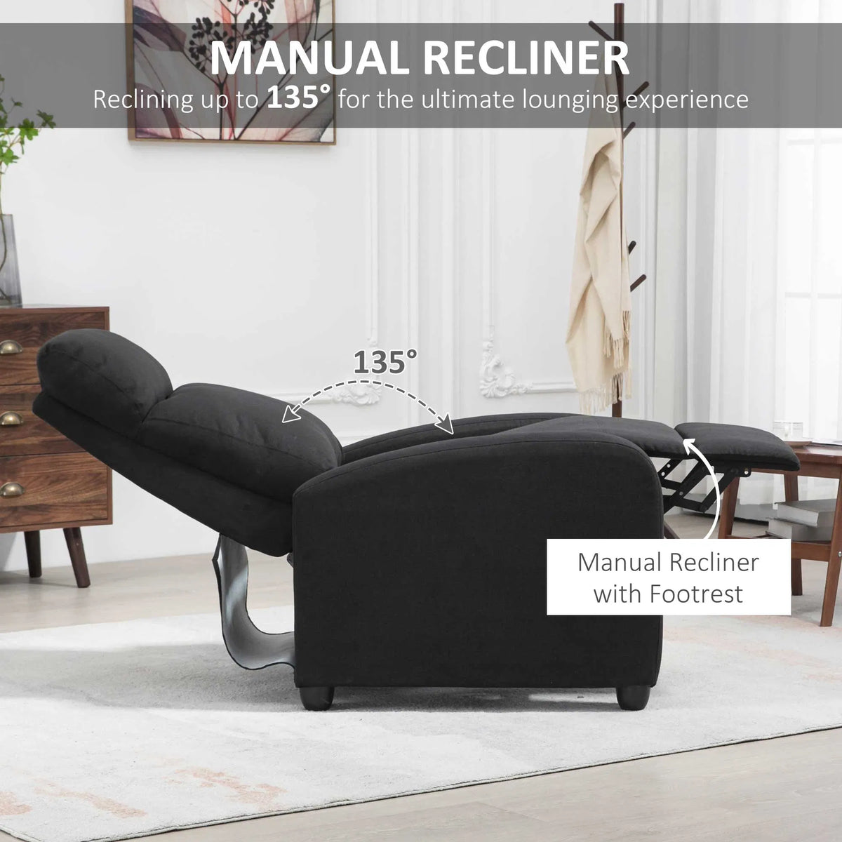 Black Fabric Recliner Chair Manual Home Theater Living Room
