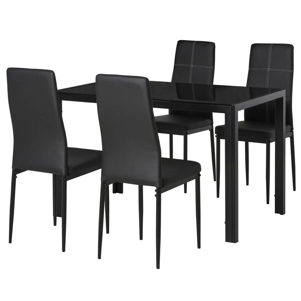 5-Piece Black Glass Dining Table Set Rectangular Kitchen Table with 4 Faux Leather Chairs