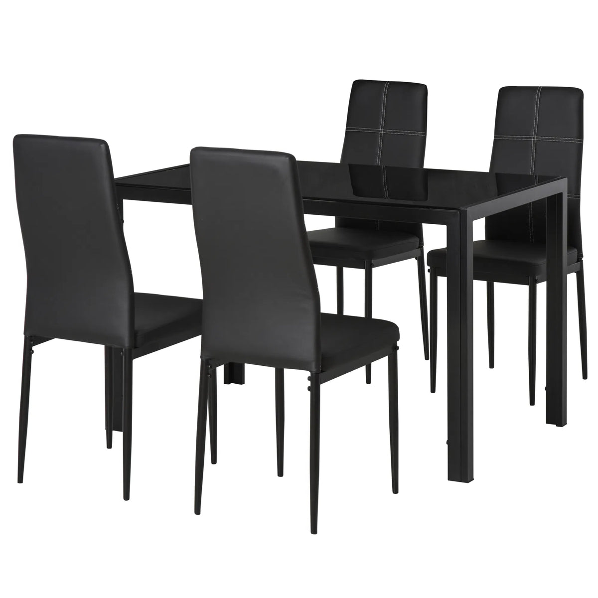5-Piece Black Glass Dining Table Set Rectangular Kitchen Table with 4 Faux Leather Chairs