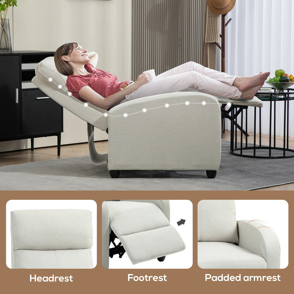 Cream White Fabric Recliner Chair Manual Home Theater Living Room Padded Seat