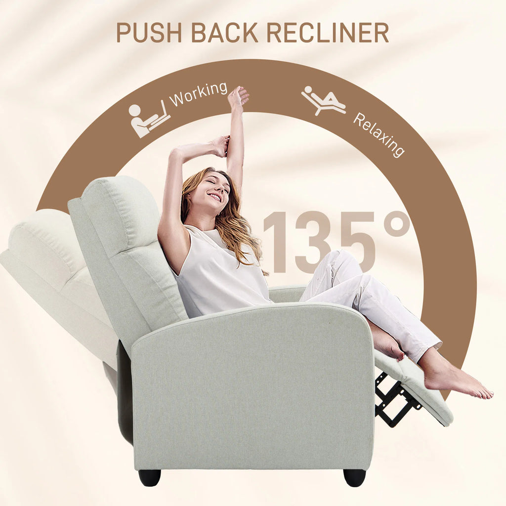 Cream White Fabric Recliner Chair Manual Home Theater Living Room Padded Seat