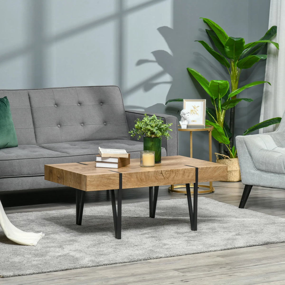 Rustic Rectangular Coffee Table Natural Wood Center Table with Steel Hairpin Legs