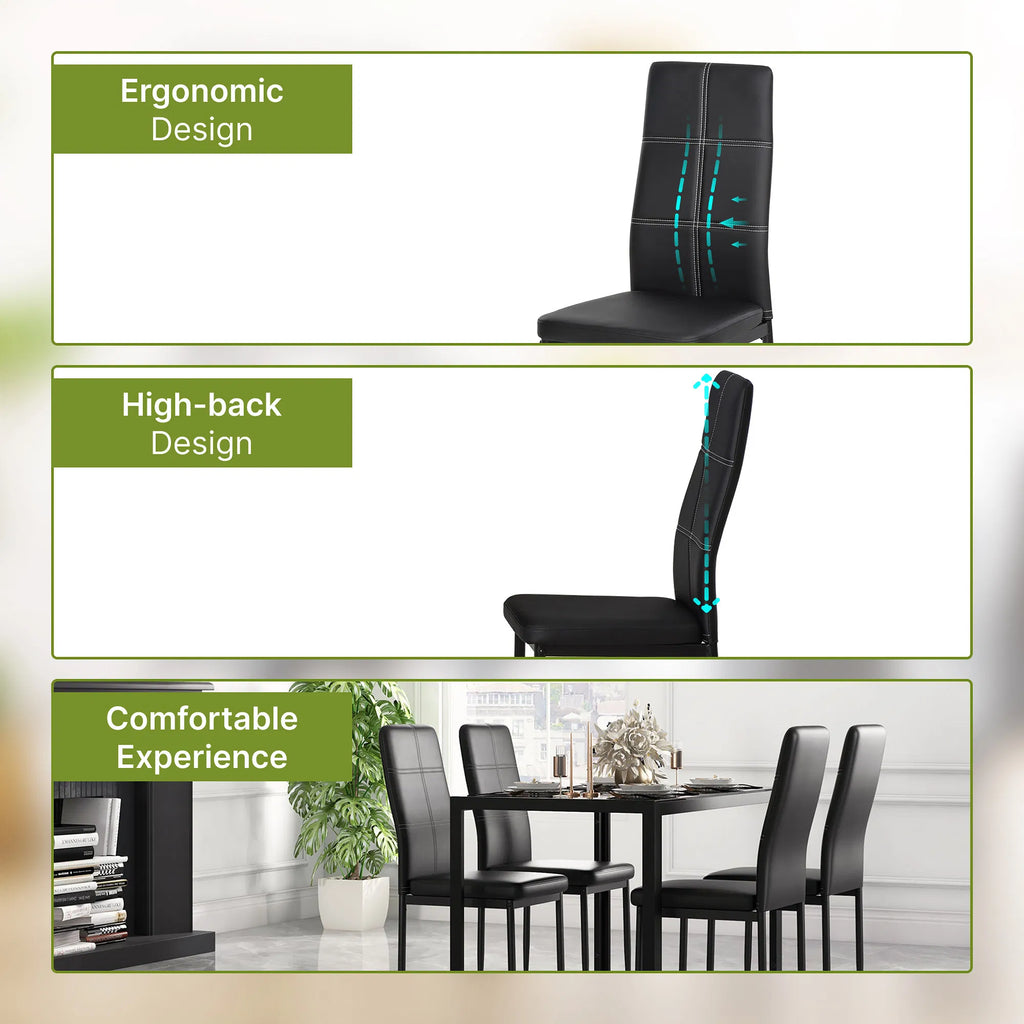 5-Piece Black Glass Dining Table Set Rectangular Kitchen Table with 4 Faux Leather Chairs