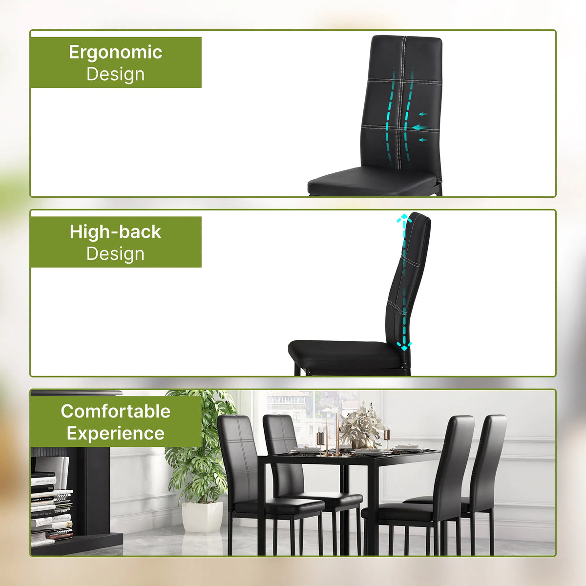5-Piece Black Glass Dining Table Set Rectangular Kitchen Table with 4 Faux Leather Chairs