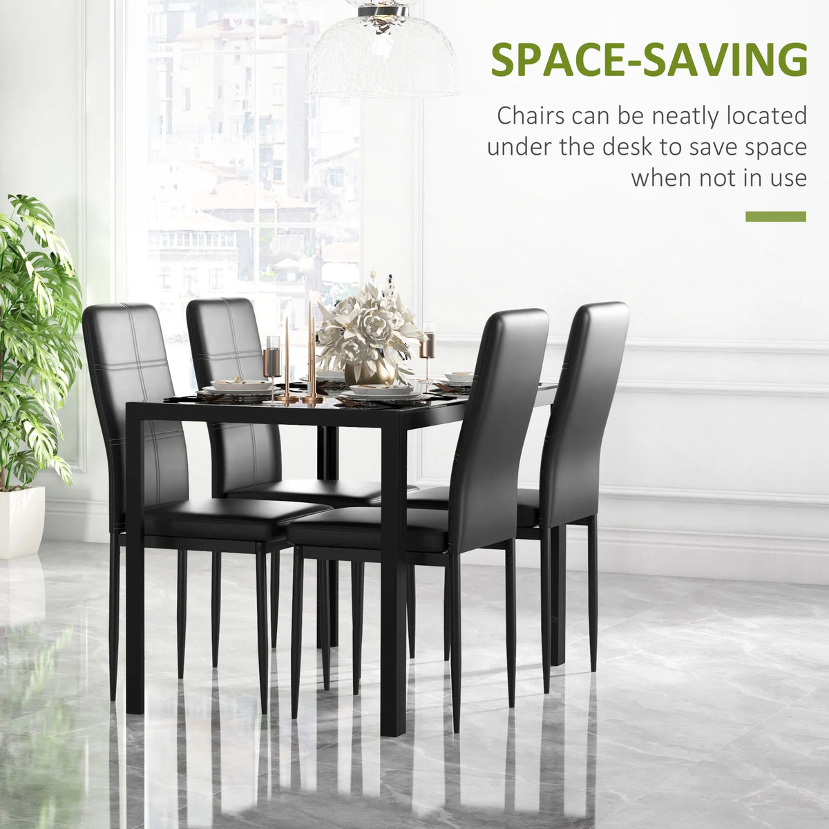5-Piece Black Glass Dining Table Set Rectangular Kitchen Table with 4 Faux Leather Chairs