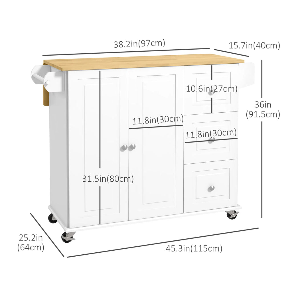Rolling Kitchen Island Cart with Drop Leaf 3 Drawers Cabinet Spice and Towel Rack
